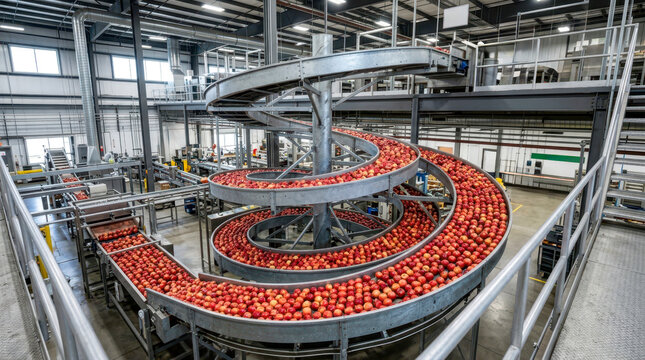 Industrial apple sorting and processing line in a modern fruit packing facility