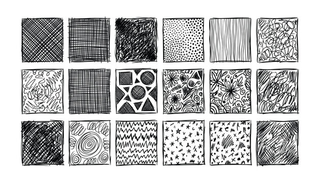 Artistic set of fifteen square hand drawn patterns with creative doodle sketches and ink textures on transparent vector display.