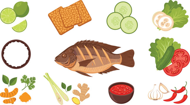 Indonesian grilled tilapia ingredients set with fish rice tempeh vegetables flat vector illustration