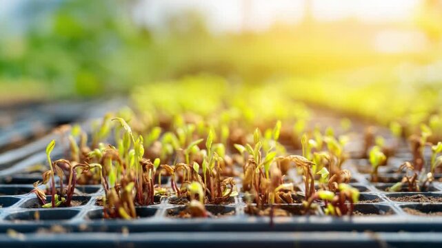 Emergence of Life: Tiny sprouts emerge from the soil in a vibrant display of life, bathed in warm sunlight, signifying growth and the cyclical renewal of nature.