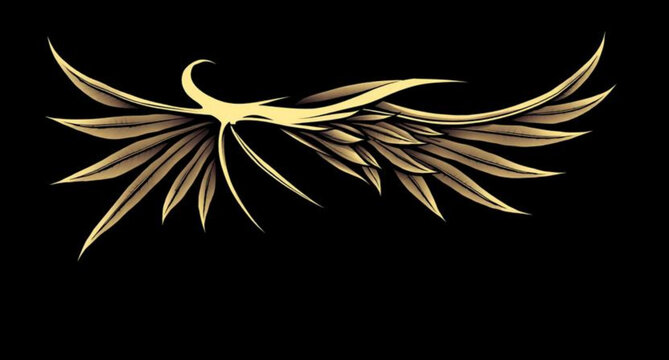 Intricate fractal patterns of light form ethereal angel wings on a black background, blending feather and floral leaf textures into a beautiful black and white nature illustration