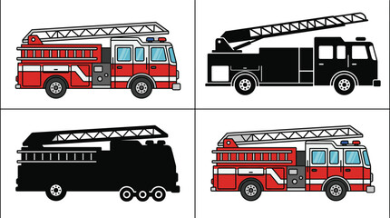Fire truck ladder engine silhouettes and colored emergency vehicles vector illustration collection set © MdSumon