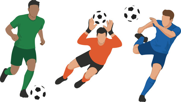 Soccer players celebrating and diving for the ball