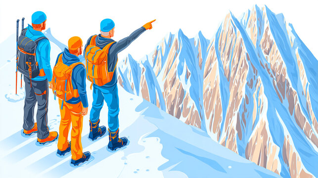 Three mountain climbers with backpacks standing on a snow covered ridge and pointing at mountain peaks
