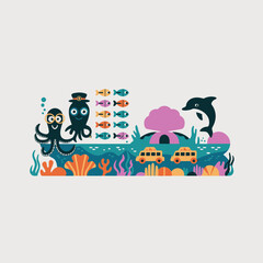 Fototapeta premium Playful underwater scene featuring friendly octopuses and a leaping dolphin surrounded by colorful coral reefs and marine life in a vibrant flat vector illustration design