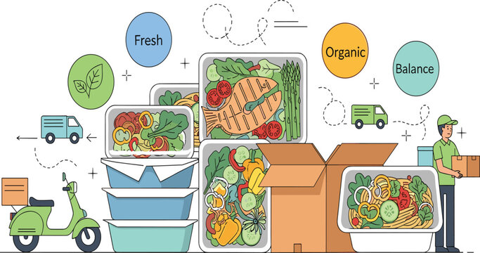 Healthy food delivery meal boxes with catering packaging and courier service flat vector illustration