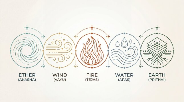 Five Elements Icon Set: Ether Wind Fire Water Earth Ayurveda Symbols Collection