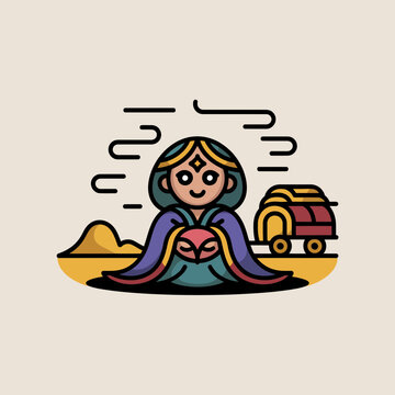Cartoon gypsy woman with colorful outfit and tent in desert landscape smiling and holding crystal ball