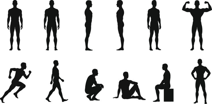Collection of various black silhouettes of a man in different poses