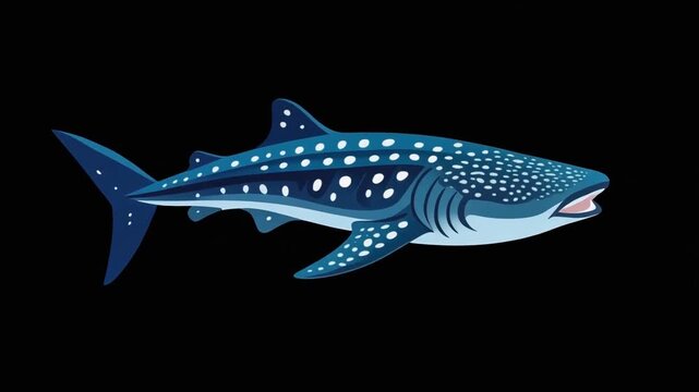 Whale shark swimming gently, animation, vector flat design, black background