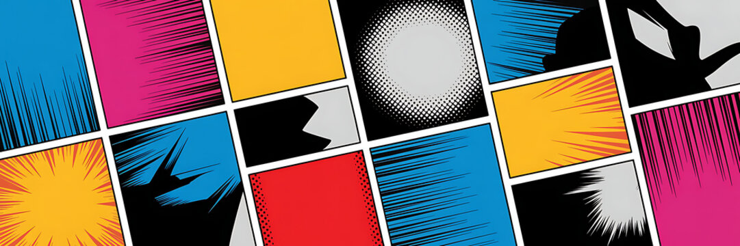 Colorful comic book panels layout featuring action speed lines and vibrant pop art halftone textures.