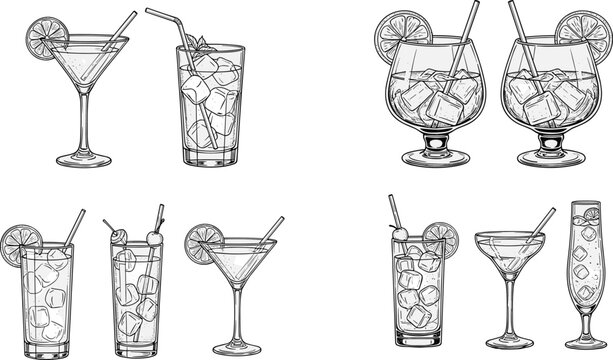Hand drawn cocktail glasses collection with martini highball and citrus garnish drinks line art vector illustration set