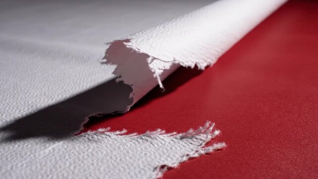 A close-up shot of a white, textured material being peeled back to reveal a contrasting red surface underneath, creating a visual contrast