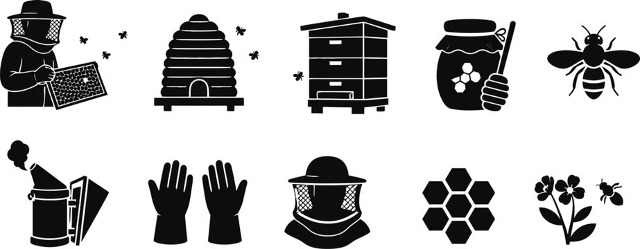 Set of black silhouette icons representing beekeeping, honey production, and apiary equipment. 