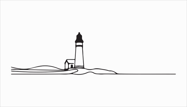 A continuous line drawing of a lighthouse on a small island with a house next to it