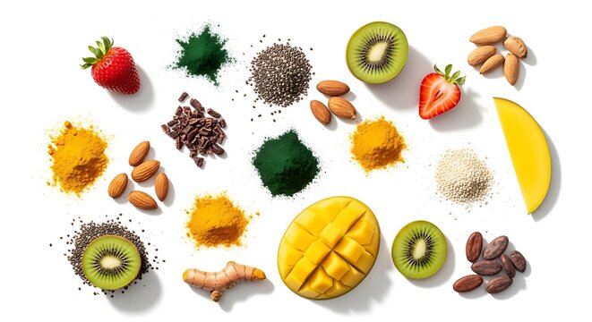 Healthy superfood ingredients including fresh fruits, nuts, seeds, turmeric powder, cacao nibs, and spirulina powder isolated on white background