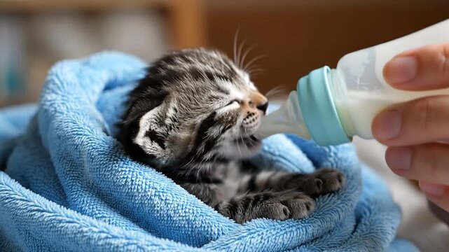 A tiny, adorable kitten is being bottle-fed milk by a person hand, wrapped in a soft, blue blanket for warmth and comfort