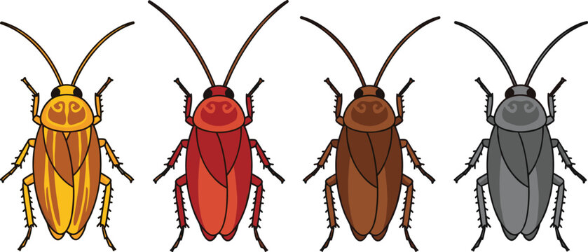 Cockroach insects set in different colors isolated vector illustration collection of pest bugs for biology and infestation concepts