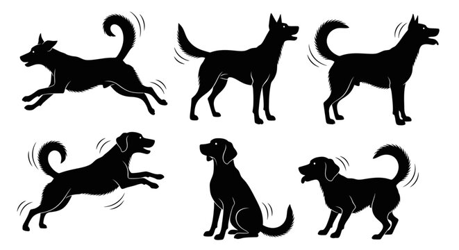 Set of Black Dog Silhouettes in Various Poses and Actions