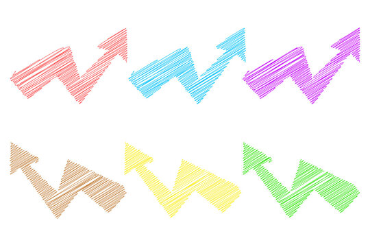 Set of scribbled zigzag arrows in various colors including red blue purple orange yellow and green on transparent background png