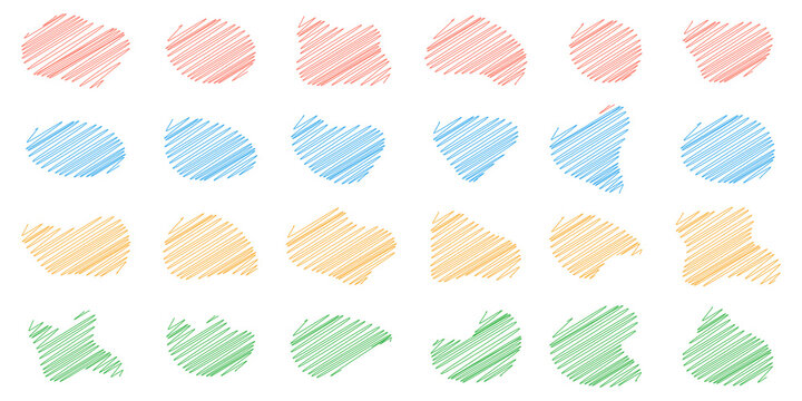 Collection of colorful organic abstract shapes with hand drawn scribble texture on transparent background png.