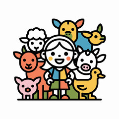 Naklejka premium Happy girl standing with diverse farm animals in a colorful flat vector illustration style for children education and agriculture themed graphic design projects and marketing