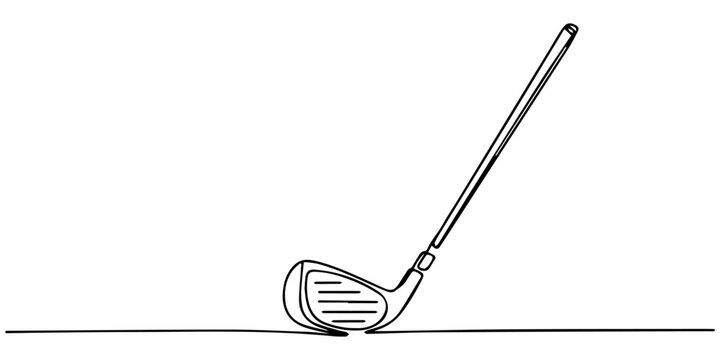 Golf club head drawn with single continuous line on white background, none editable strokes, A golf club in one continuous line hitting a golf ball on the ground drawing, Golf stick line continuous.