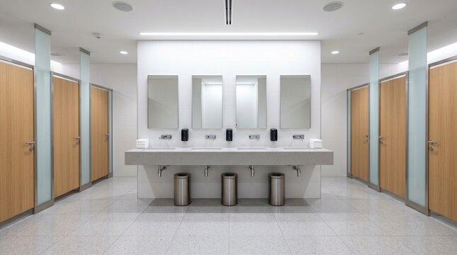Modern, clean public restroom with multiple stalls and a long vanity with mirrors.