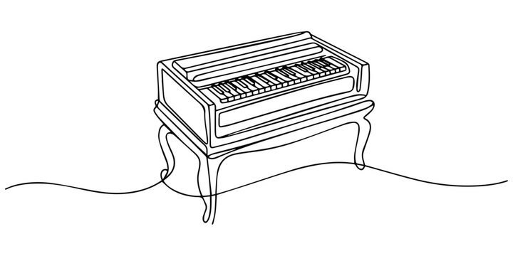 Harmonium one line art. Continuous line drawing of harmonium, indian, music, sitar, classical, Vintage harmonium with keyboards and pipes in isometric design, a traditional indian musical instrument.