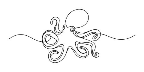 Elegant continuous line drawing of an octopus, A minimalist mono, Single one curly line drawing of cute octopus abstract art. Continuous line drawing graphic design vector illustration of octopuses. © Gerish