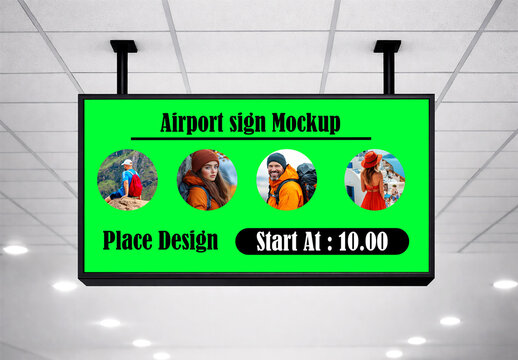 Airport sign mockup template hanging display in modern interior