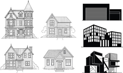 Obraz premium Residential and commercial building illustrations set with houses garages and modern architecture isolated line art vector collection