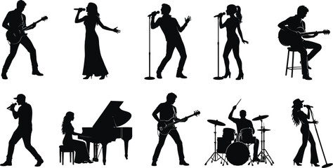 A silhouette of a group of musicians, each holding their instruments A group of musicians' silhouettes with their instruments in hand Silhouettes of musicians adorned with their musical instruments © Fariha