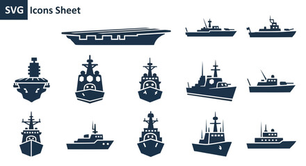 Naval Fleet Icons: Aircraft Carrier, Warships, and Patrol Boats - Navy Ship Silhouettes © Ahmad