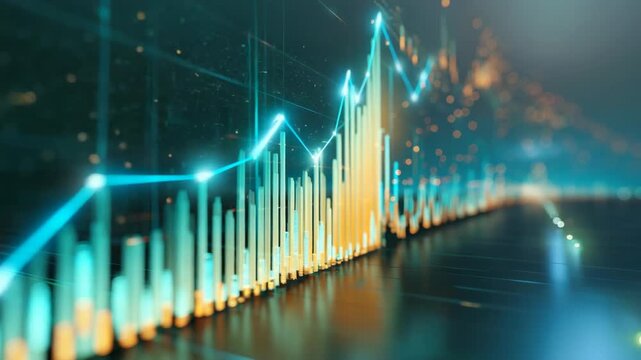 Neon line graph with vertical bars and glowing markers depicting market volatility momentum and progressive growth