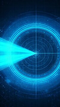 Blue radar holographic interface with scanning beam, concentric digital rings and futuristic hud targeting display for sensor visualization and data tracking
