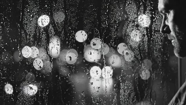 Melancholy man gazing out rainy window with blurry bokeh lights suggesting feelings of loneliness and introspection