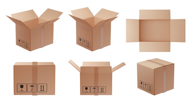 Set of 3d Cardboard shipping box with strap, isolated on background. Open and closed corrugated carton package for packaging, logistic and delivery concept. 3d render
