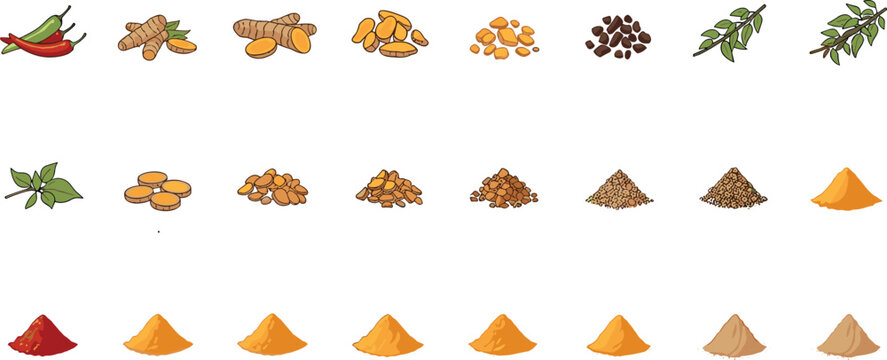 Comprehensive collection of culinary spices and herbs featuring chili peppers ginger turmeric black pepper and various powdered seasonings for organic cooking and flavoring concepts.