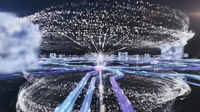 A vibrant, abstract digital artwork showcases a network of glowing lines and particles converging towards a central point, creating a futuristic and dynamic visual experience.