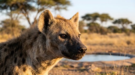 Obraz premium Close-up portrait of a spotted hyena in its natural African savanna habitat during golden hour