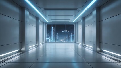 Obraz premium Futuristic corridor with city view