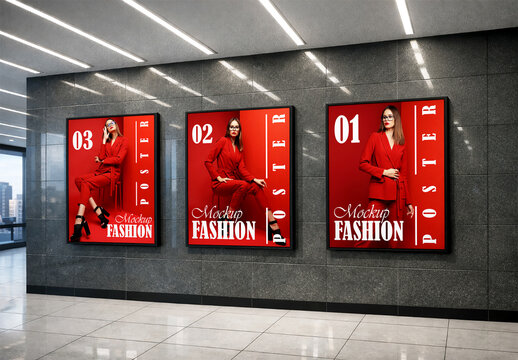 Fashion poster mockup set on modern hallway wall interior
