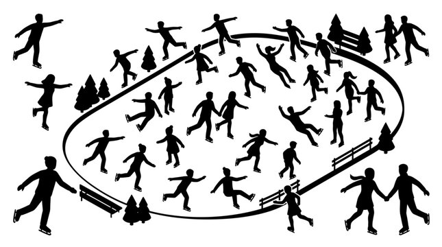 A black and white silhouette illustration shows numerous people ice skating on an oval rink surrounded by trees and benches.