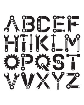 Alphabet letters made of mechanical repair tools and gears