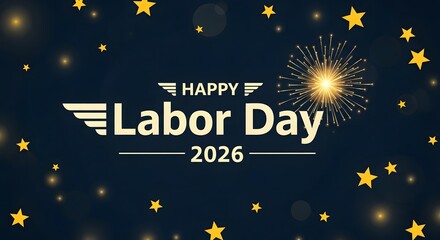 Fototapeta premium Happy labor day 2026 celebration banner with golden stars and fireworks