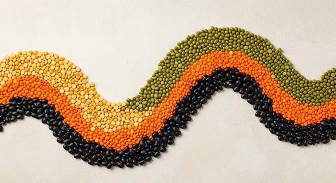 Abstract wave pattern made of various dried legumes including green mung beans, orange lentils, yellow split peas, and black beans on a textured light background