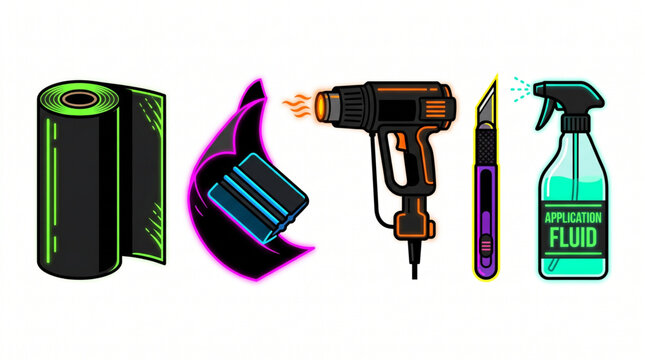 Set of tools and supplies for vinyl wrap application and installation