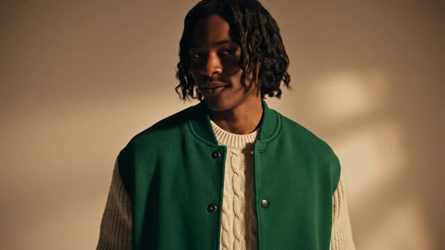 Confident Young Man Wearing Green Varsity Jacket and Knitted Sweater Standing in Studio with Warm Neutral Background, Modern Casual Fashion Portrait and Lifestyle Concept