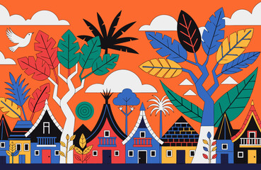 Obraz premium Indonesian Village Traditional Houses Nature Scene Detailed Illustration